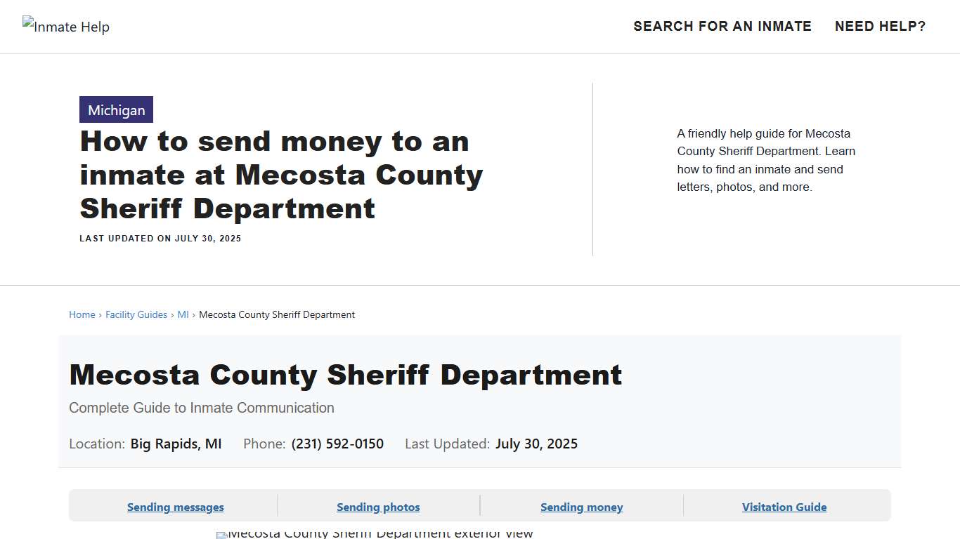 How to send money to an inmate at Mecosta County Sheriff Department - Inmate Help